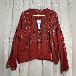 Zara Rust Red Embroidered Boho Tunic Top